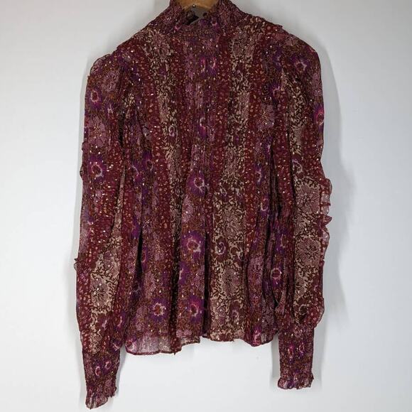 ULLA JOHNSON Elita Ruffle Long Sleeve Blouse Claret Patchwork Size 0 XS Preowned - Picture 7 of 15